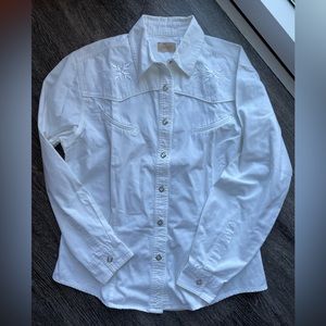 Vintage Wrangler Pearl Snap Western Embroidered Floral White Womens Button Up